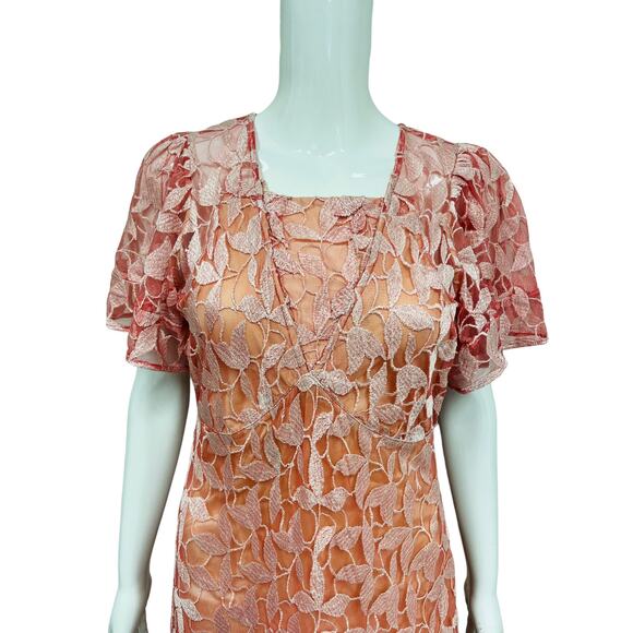 LOVESHACKFANCY Pink Floral Appliqued Kamber Short Sleeve Maxi Dress Gown 4 - Picture 3 of 3